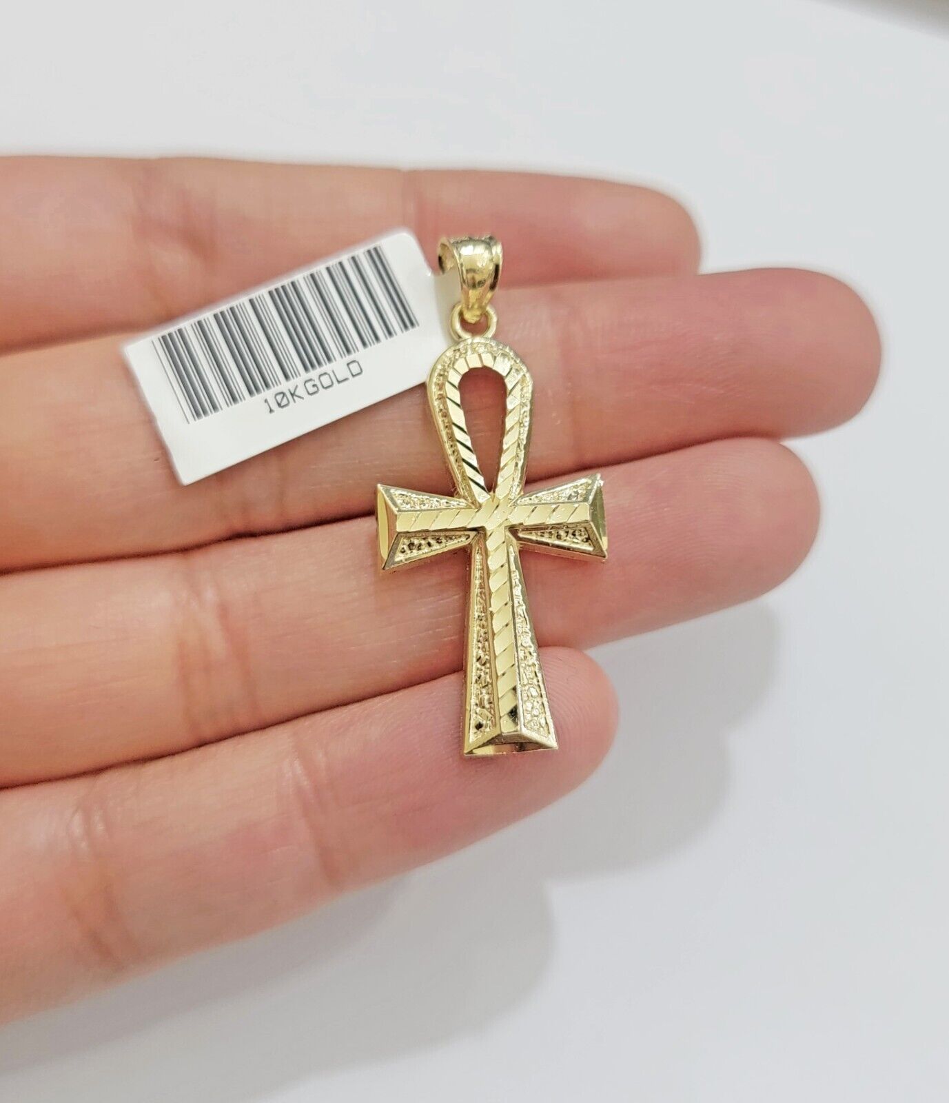 Real 10k Yellow Gold Ankh charm pendant 1.5" Diamond Cuts Cross Charm for Chain - GoldenlinQ